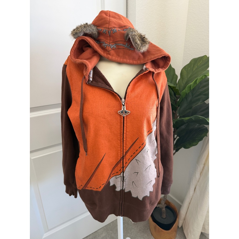 Star Wars Ewok Wicket Zip Up Hoodie Faux Fur Ears Brown Orange Womens L